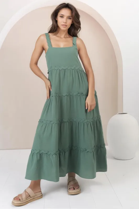 Bailie Maxi Dress - Rick Rack Detailed Sun Dress with Pockets in Green sold by Salty Crush