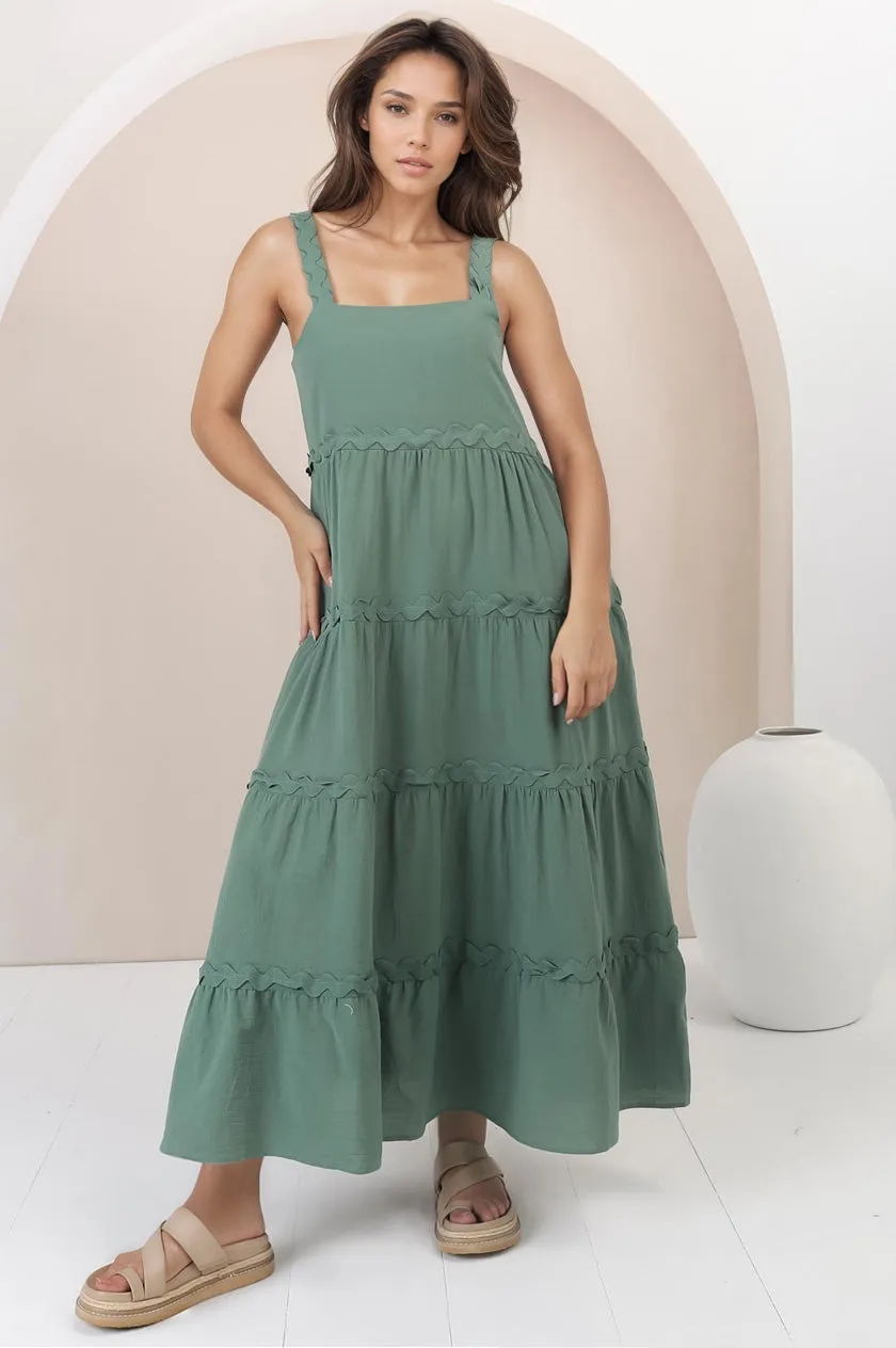 Bailie Maxi Dress - Rick Rack Detailed Sun Dress with Pockets in Green sold by Salty Crush