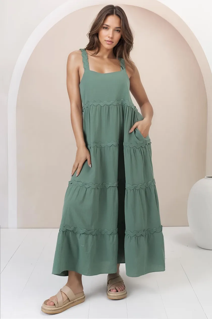 Bailie Maxi Dress - Rick Rack Detailed Sun Dress with Pockets in Green sold by Salty Crush product image thumbnail 3