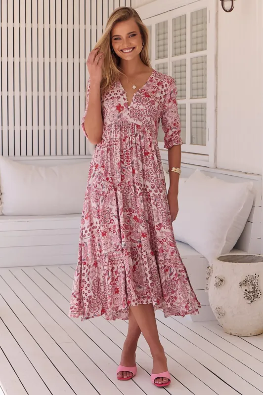 JAASE - Eve Midi Dress: V Neck Tiered Dress with Option Waist Tie in Ruby Red Print sold by Salty Crush