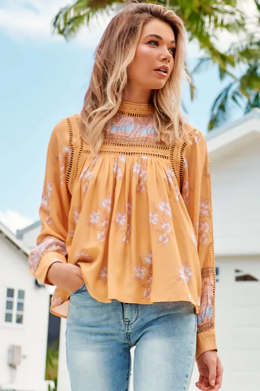 JAASE - Ginny Blouse: Lace High Neck Pull Over Blouse in Mango Paper Crane Print sold by Salty Crush