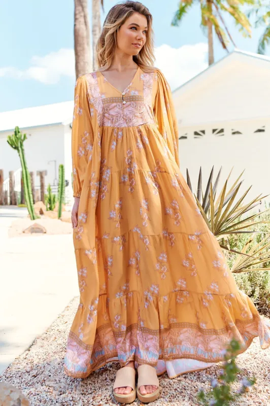 JAASE - Meadow Maxi Dress: Long Sleeve Full Length Tiered Maxi Dress in Mango Paper Crane Print sold by Salty Crush