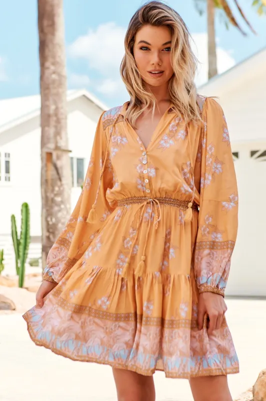 JAASE - Bali Mini Dress: V Neck with Tassel Tie A Line Dress in Mango Paper Crane Print sold by Salty Crush