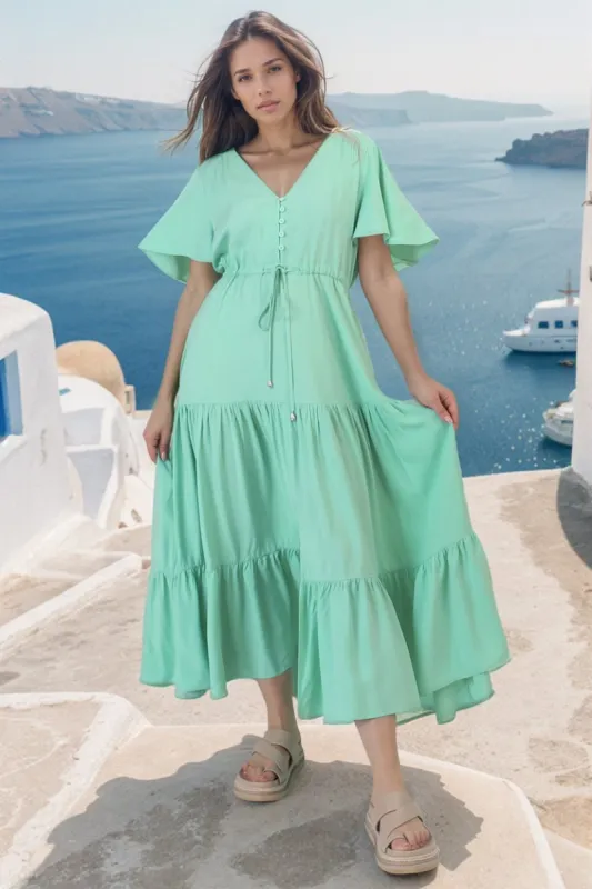 Anya Maxi Dress - Flutter Cap Sleeve Pull Tie Waist Dress in Aqua sold by Salty Crush