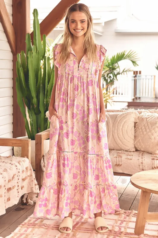 JAASE - Tilda Maxi Dress: Mandarin Collar Frill Cap Sleeve Dress in Evolet Print made by Jaase