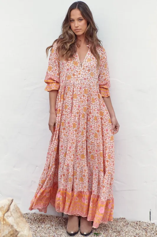 JAASE - Tillie Maxi Dress: Mandarin Collar Tiered Dress in Amor Print sold by Salty Crush