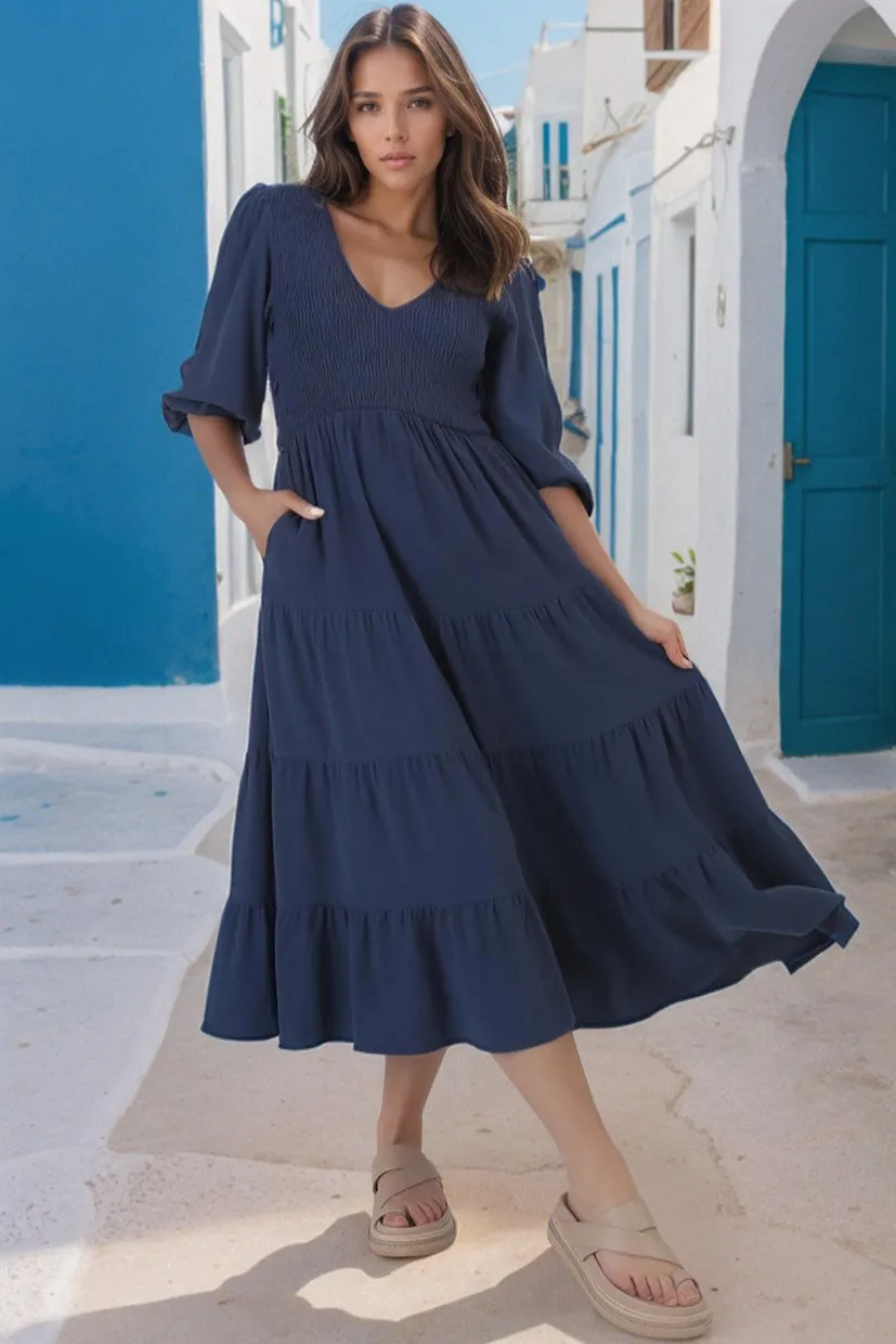 Lellah Midi Dress - Shirred Bodice Soft V Neck Tiered Dress in Navy sold by Salty Crush