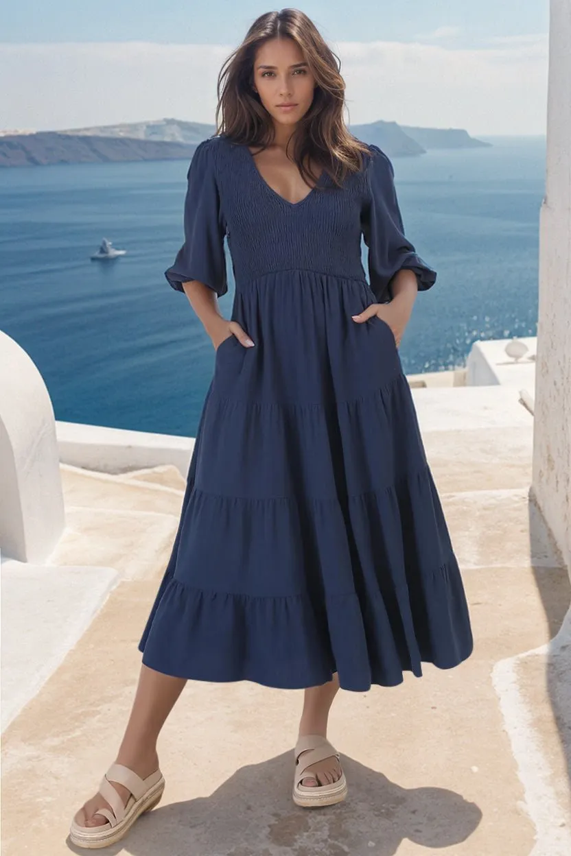 Lellah Midi Dress - Shirred Bodice Soft V Neck Tiered Dress in Navy sold by Salty Crush product image thumbnail 2