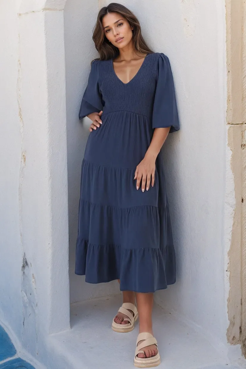 Lellah Midi Dress - Shirred Bodice Soft V Neck Tiered Dress in Navy sold by Salty Crush product image thumbnail 3