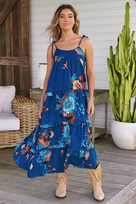 JAASE - Cognac Maxi Dress: Adjustable Straps Sun Dress in Floral Carnival Print sold by Salty Crush