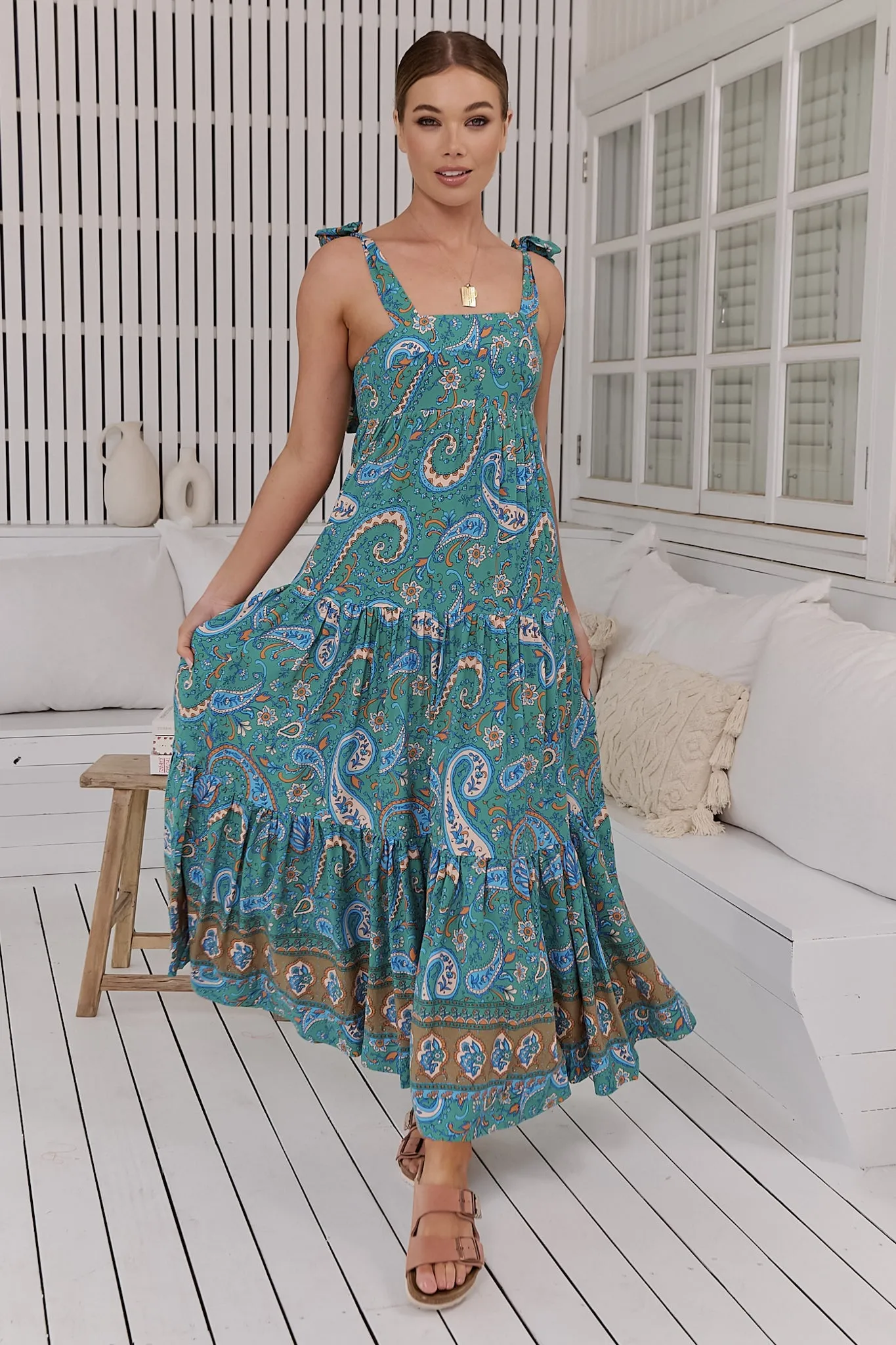 JAASE - Marley Maxi Dress: Tie on Shoulder Straps Tiered A Line Dress in Ventura Print sold by Salty Crush product image thumbnail 2