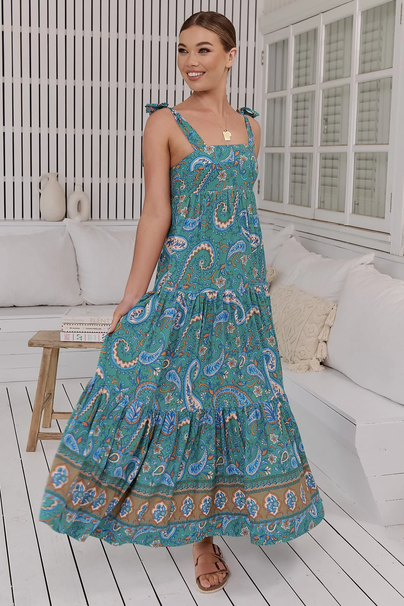JAASE - Marley Maxi Dress: Tie on Shoulder Straps Tiered A Line Dress in Ventura Print sold by Salty Crush product image thumbnail 4