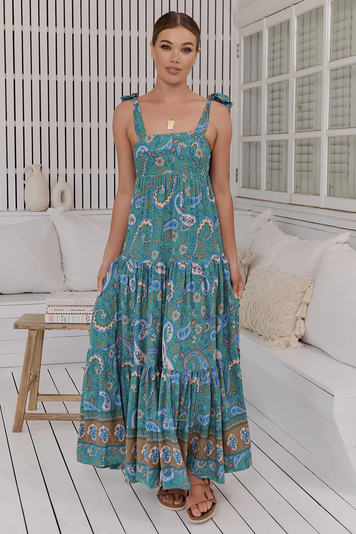 JAASE - Marley Maxi Dress: Tie on Shoulder Straps Tiered A Line Dress in Ventura Print sold by Salty Crush product image thumbnail 5
