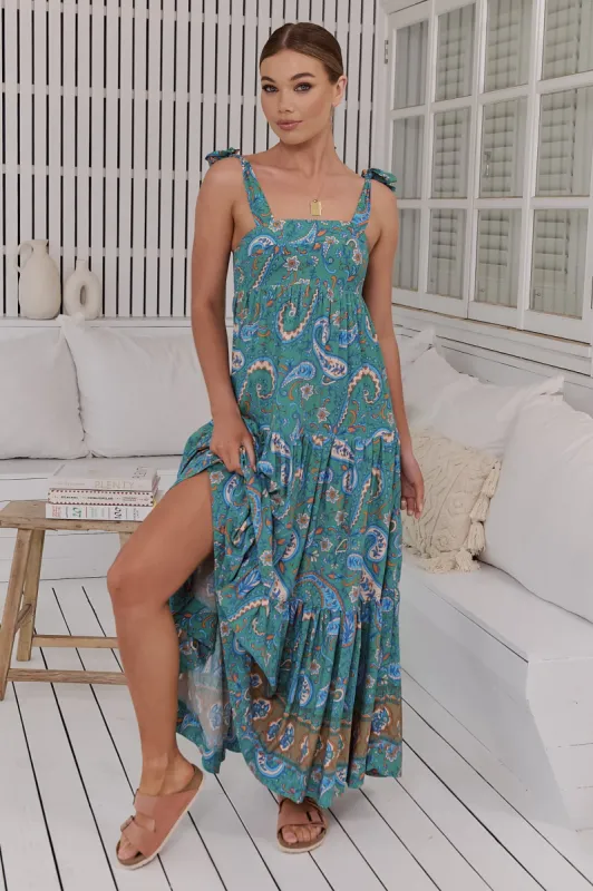 JAASE - Marley Maxi Dress: Tie on Shoulder Straps Tiered A Line Dress in Ventura Print sold by Salty Crush