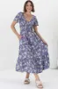 Amaya Midi Dress - Shirred Cap Sleeve A Line Dress in Ishaka Print sold by Salty Crush