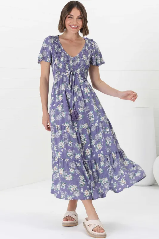 Amaya Midi Dress - Shirred Cap Sleeve A Line Dress in Ishaka Print sold by Salty Crush