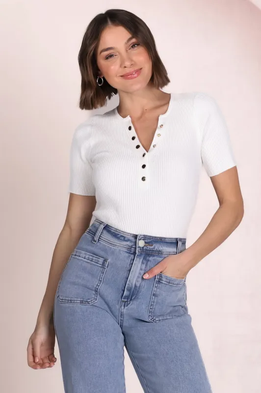 Zian Knit Top - Gold Button Neckline Ribbed Knit Top in White sold by Salty Crush