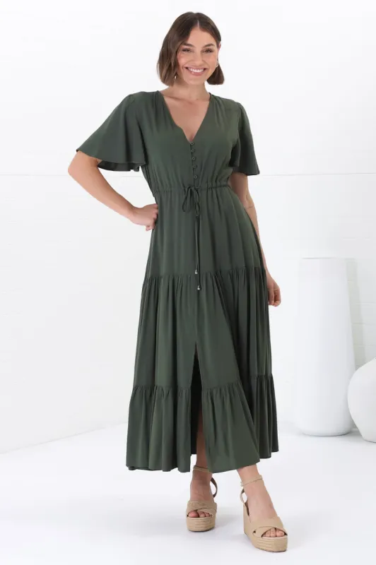 Anya Maxi Dress - Flutter Cap Sleeve Pull Tie Waist Dress in Military Green sold by Salty Crush