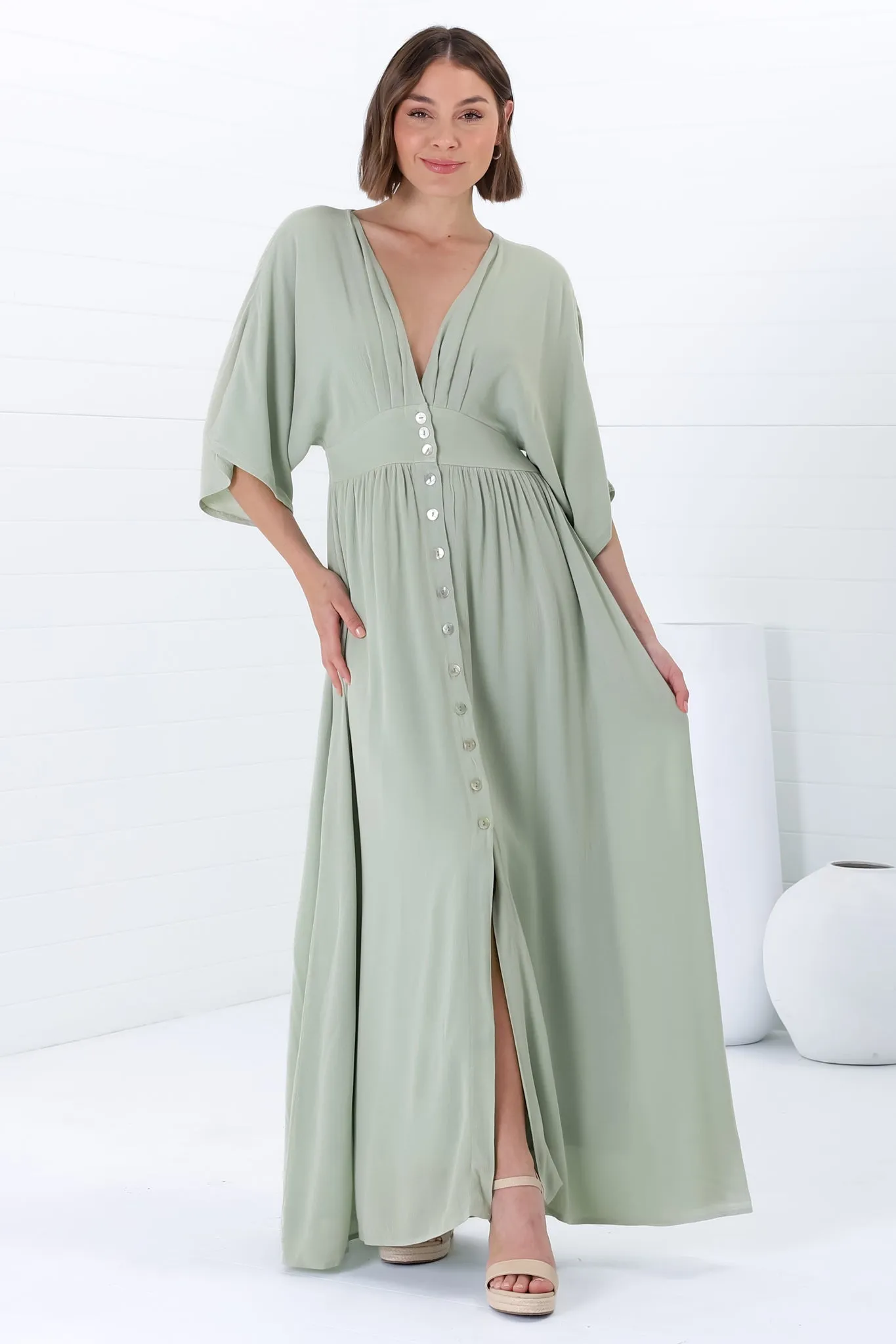 Zyla Maxi Dress - V Neck Button Down Kimono Sleeve Dress in Mint sold by Salty Crush