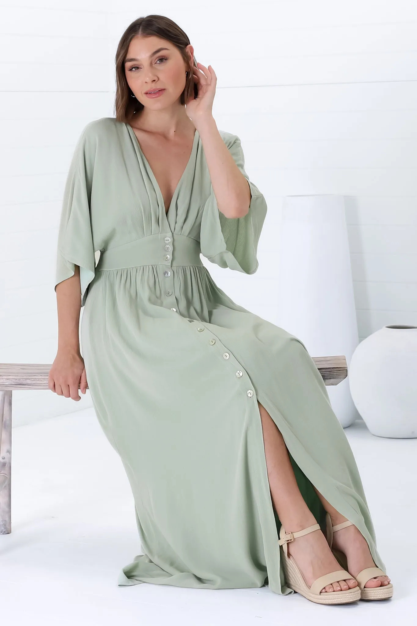 Zyla Maxi Dress - V Neck Button Down Kimono Sleeve Dress in Mint sold by Salty Crush product image thumbnail 2