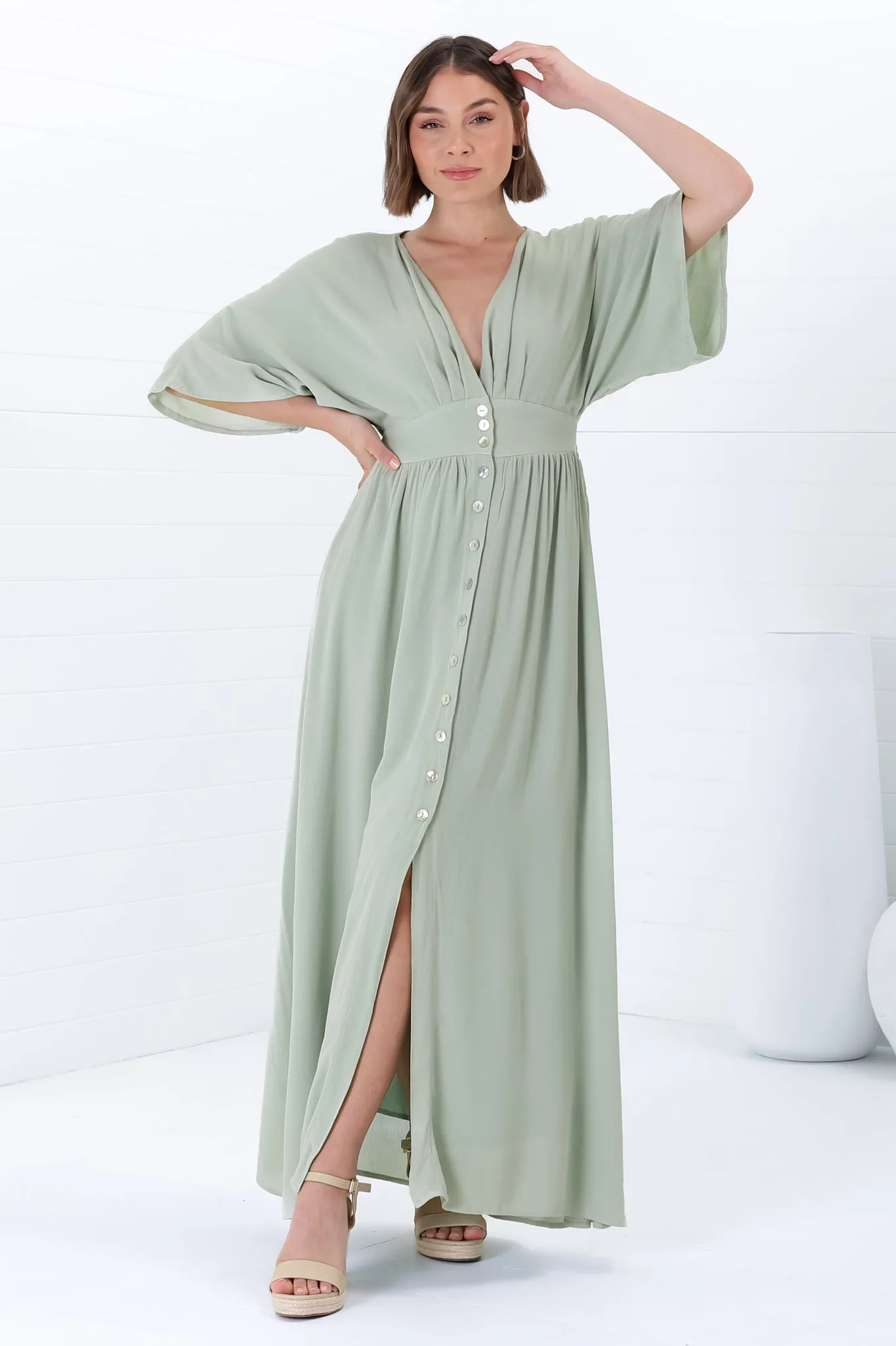 Zyla Maxi Dress - V Neck Button Down Kimono Sleeve Dress in Mint sold by Salty Crush product image thumbnail 4