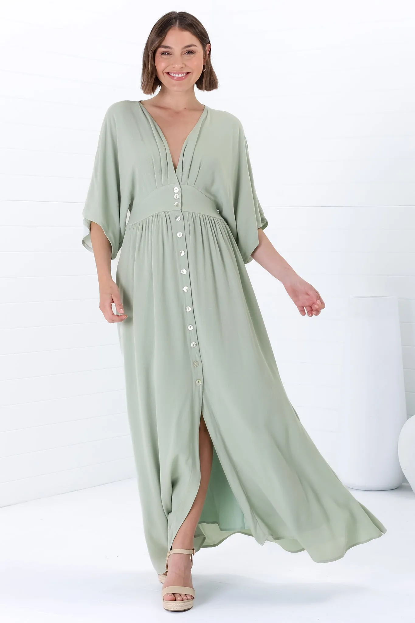 Zyla Maxi Dress - V Neck Button Down Kimono Sleeve Dress in Mint sold by Salty Crush product image thumbnail 5