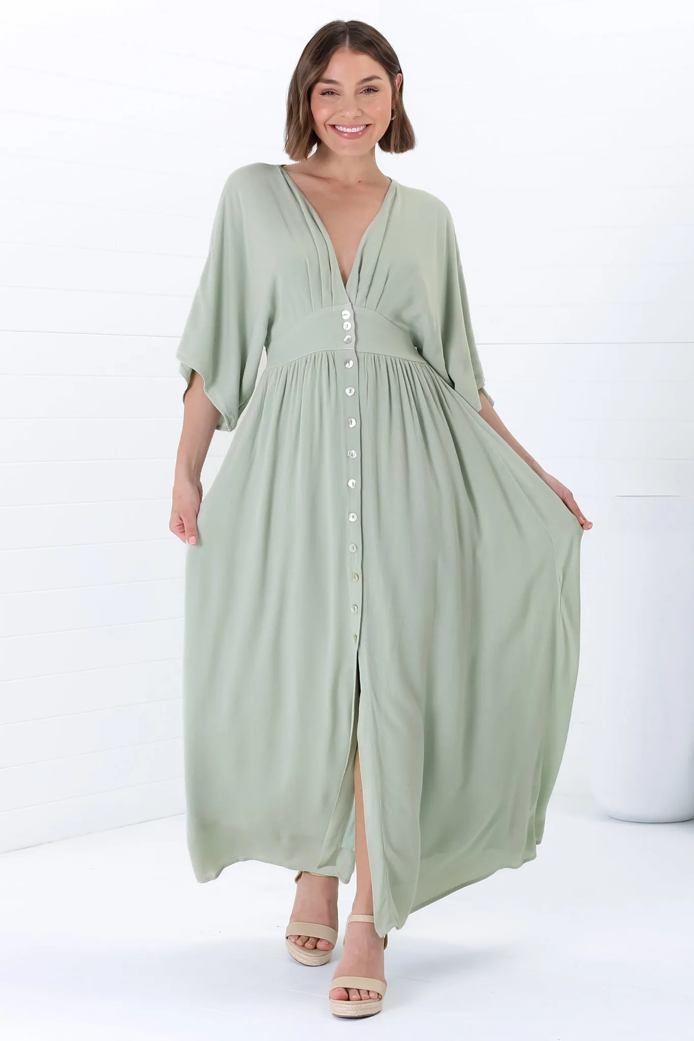Zyla Maxi Dress - V Neck Button Down Kimono Sleeve Dress in Mint sold by Salty Crush product image thumbnail 3