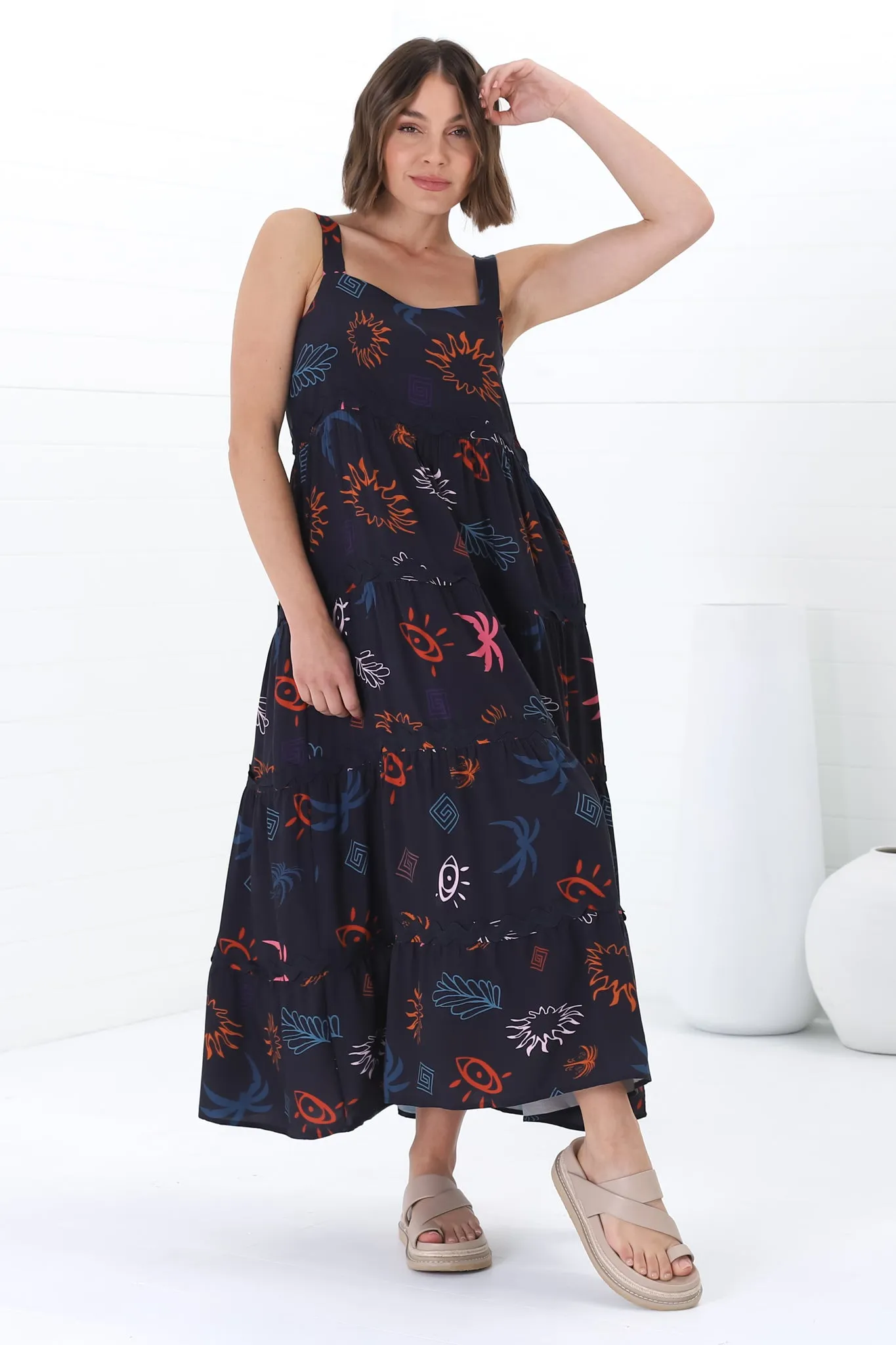Amabel Maxi Dress - Thick Adjustable Strap Sun Dress in Kalista Print Navy sold by Salty Crush