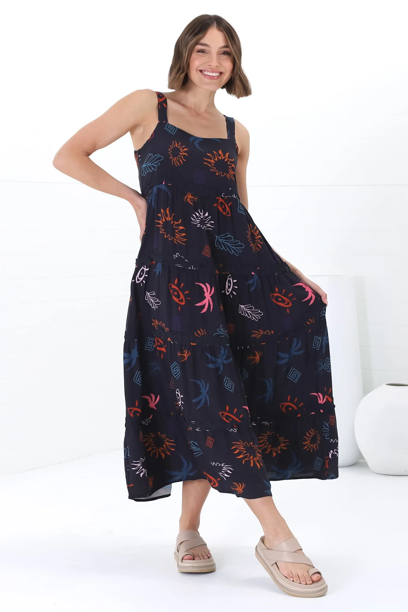 Amabel Maxi Dress - Thick Adjustable Strap Sun Dress in Kalista Print Navy sold by Salty Crush product image thumbnail 3
