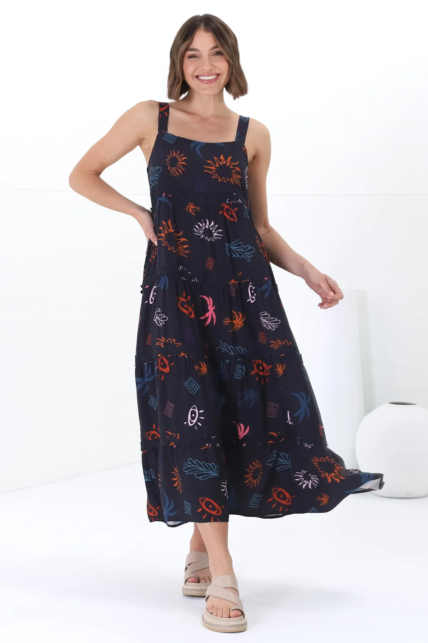 Amabel Maxi Dress - Thick Adjustable Strap Sun Dress in Kalista Print Navy sold by Salty Crush product image thumbnail 5