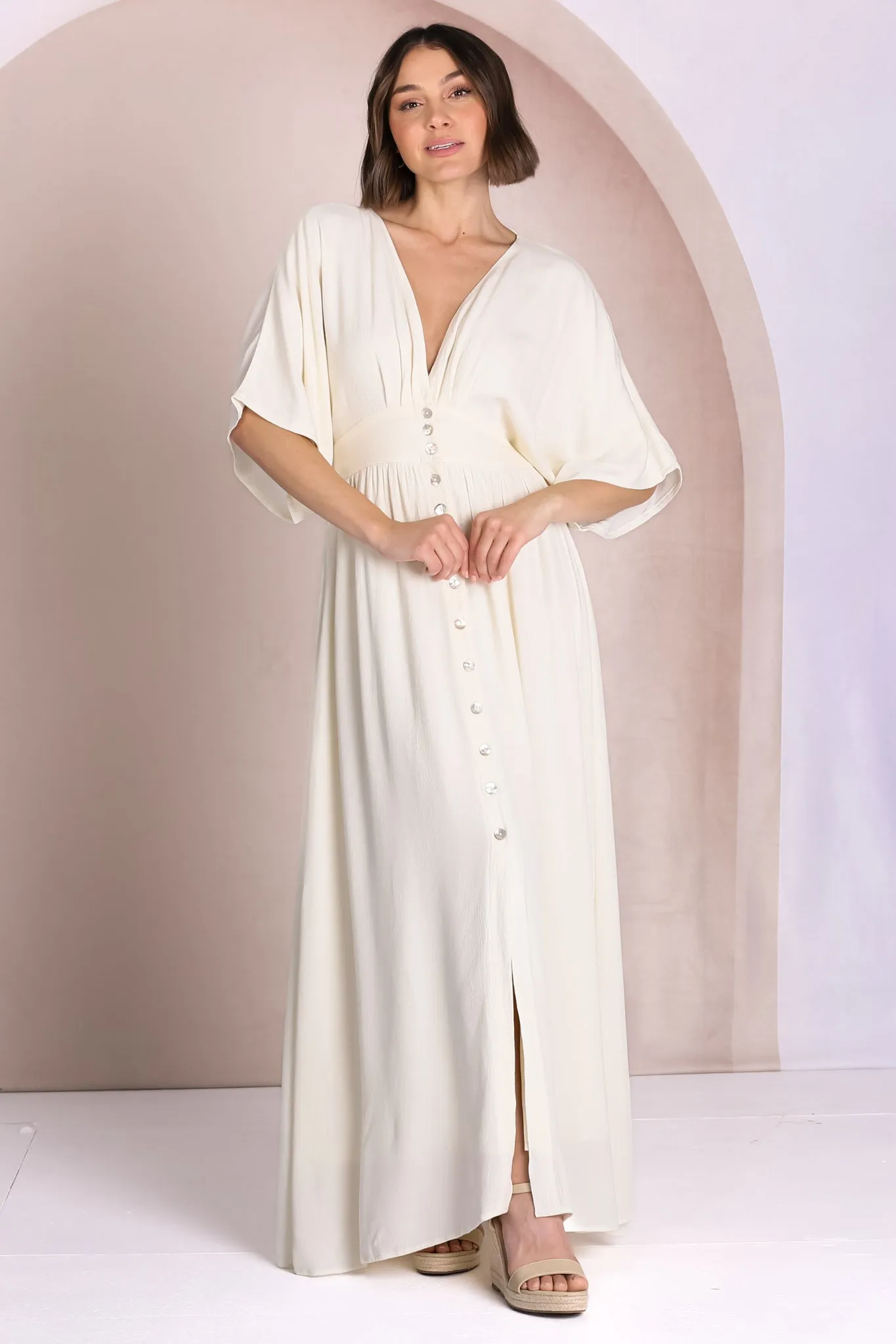 Zyla Maxi Dress - V Neck Button Down Kimono Sleeve Dress in Cream sold by Salty Crush product image thumbnail 5