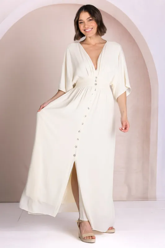 Zyla Maxi Dress -  V Neck Button Down Kimono Sleeve Dress in Cream sold by Salty Crush
