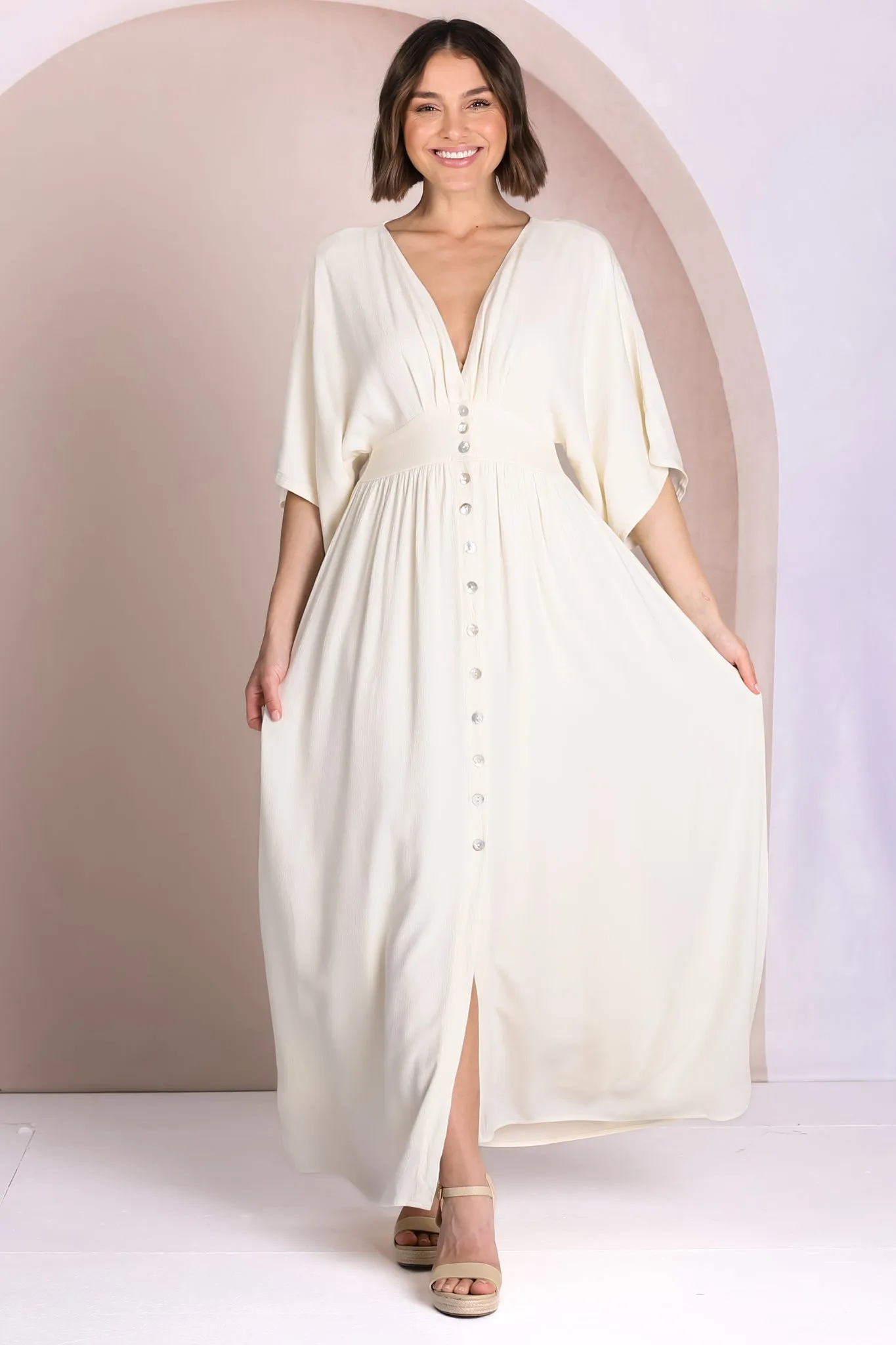 Zyla Maxi Dress - V Neck Button Down Kimono Sleeve Dress in Cream sold by Salty Crush product image thumbnail 3