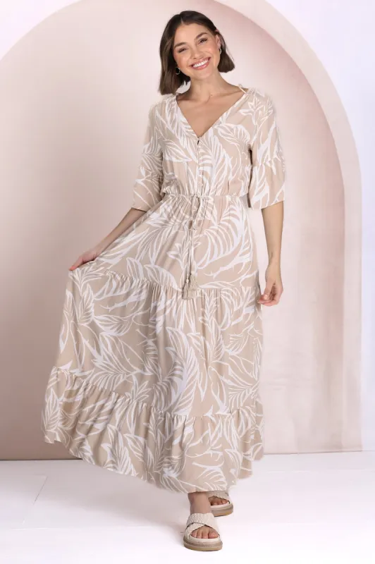 Rae Maxi Dress - Buttoned Bodice Pull Waist A-Line Dress in Jeani Print Beige sold by Salty Crush