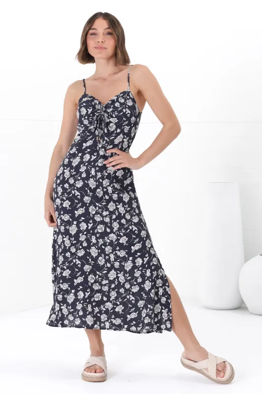 Serena Midi Dress - Pull Tie Bust Sweet Heart Neckline Sun Dress in Sabian Print Navy sold by Salty Crush