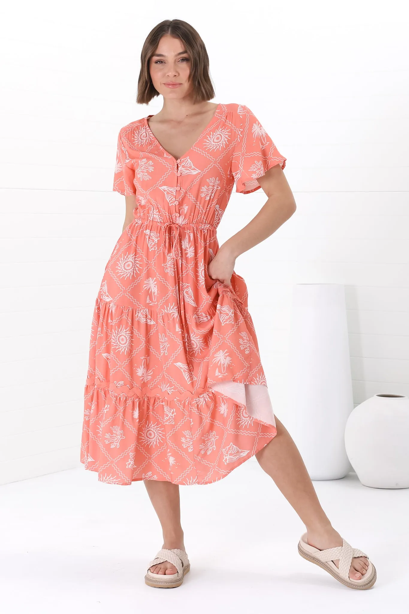 Marly Midi Dress - A Line Dress with Cap Sleeves and Rick Rack Splicing Kalah Print in Orange sold by Salty Crush product image thumbnail 5