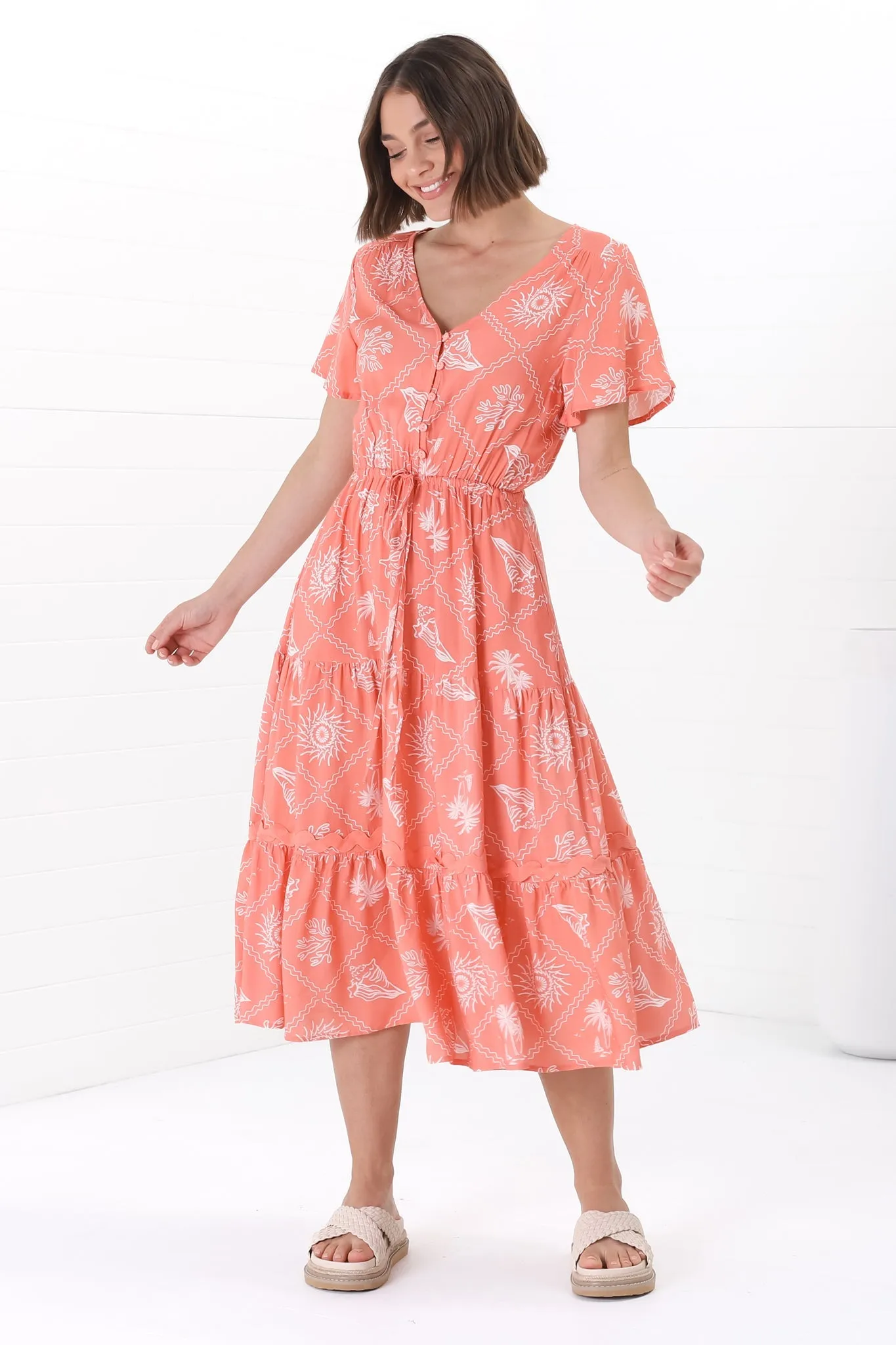 Marly Midi Dress - A Line Dress with Cap Sleeves and Rick Rack Splicing Kalah Print in Orange sold by Salty Crush product image thumbnail 3