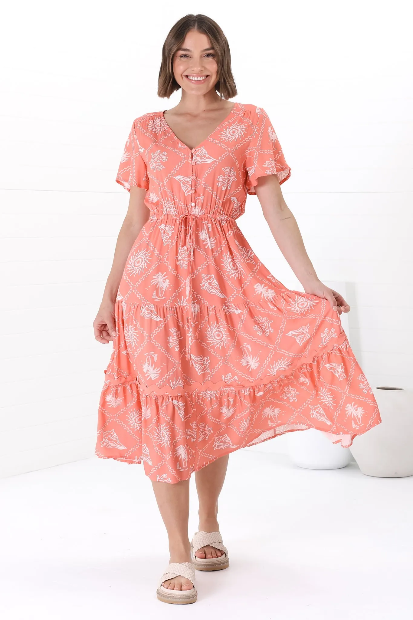 Marly Midi Dress - A Line Dress with Cap Sleeves and Rick Rack Splicing Kalah Print in Orange sold by Salty Crush product image thumbnail 2