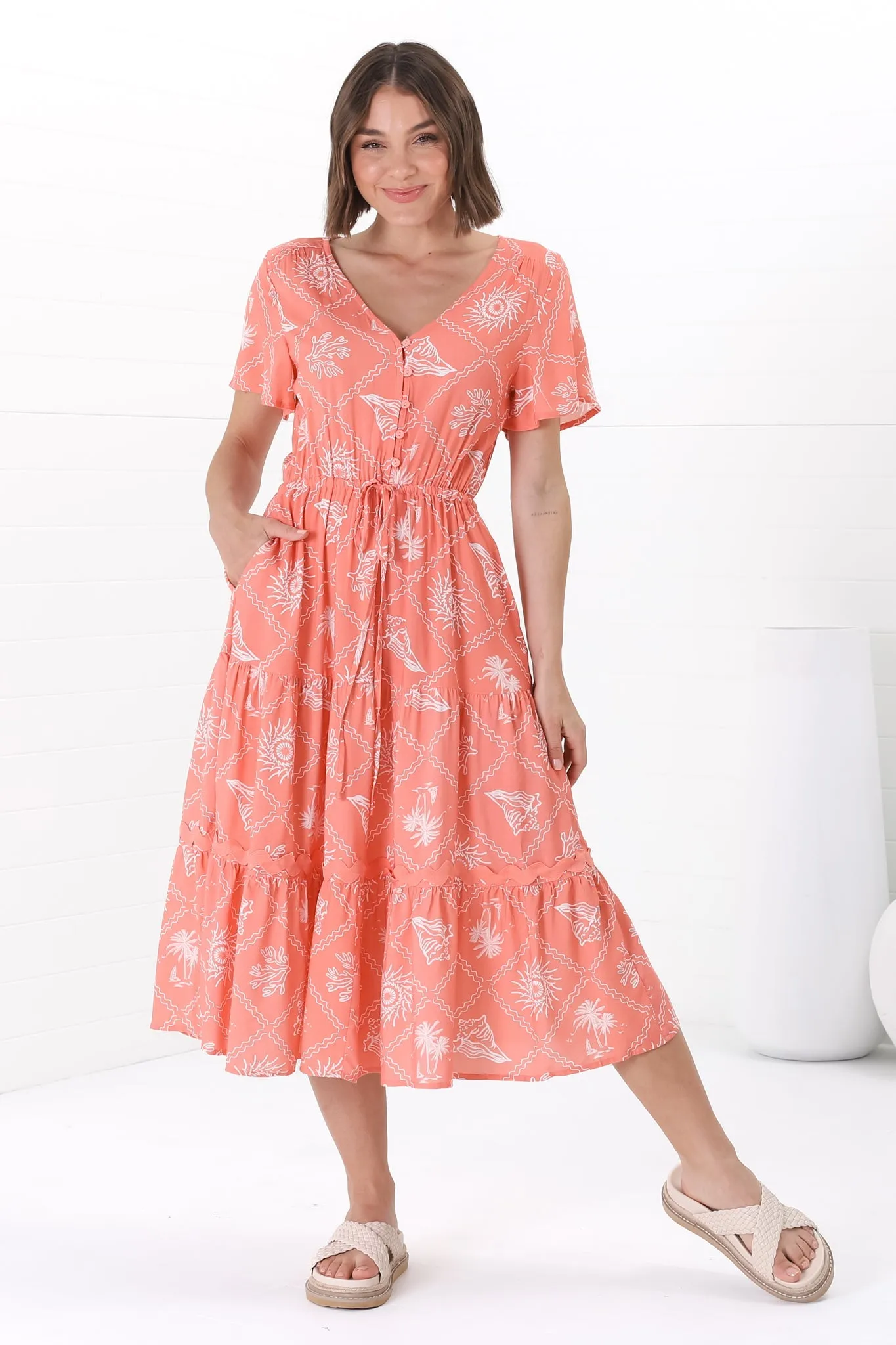 Marly Midi Dress - A Line Dress with Cap Sleeves and Rick Rack Splicing Kalah Print in Orange sold by Salty Crush