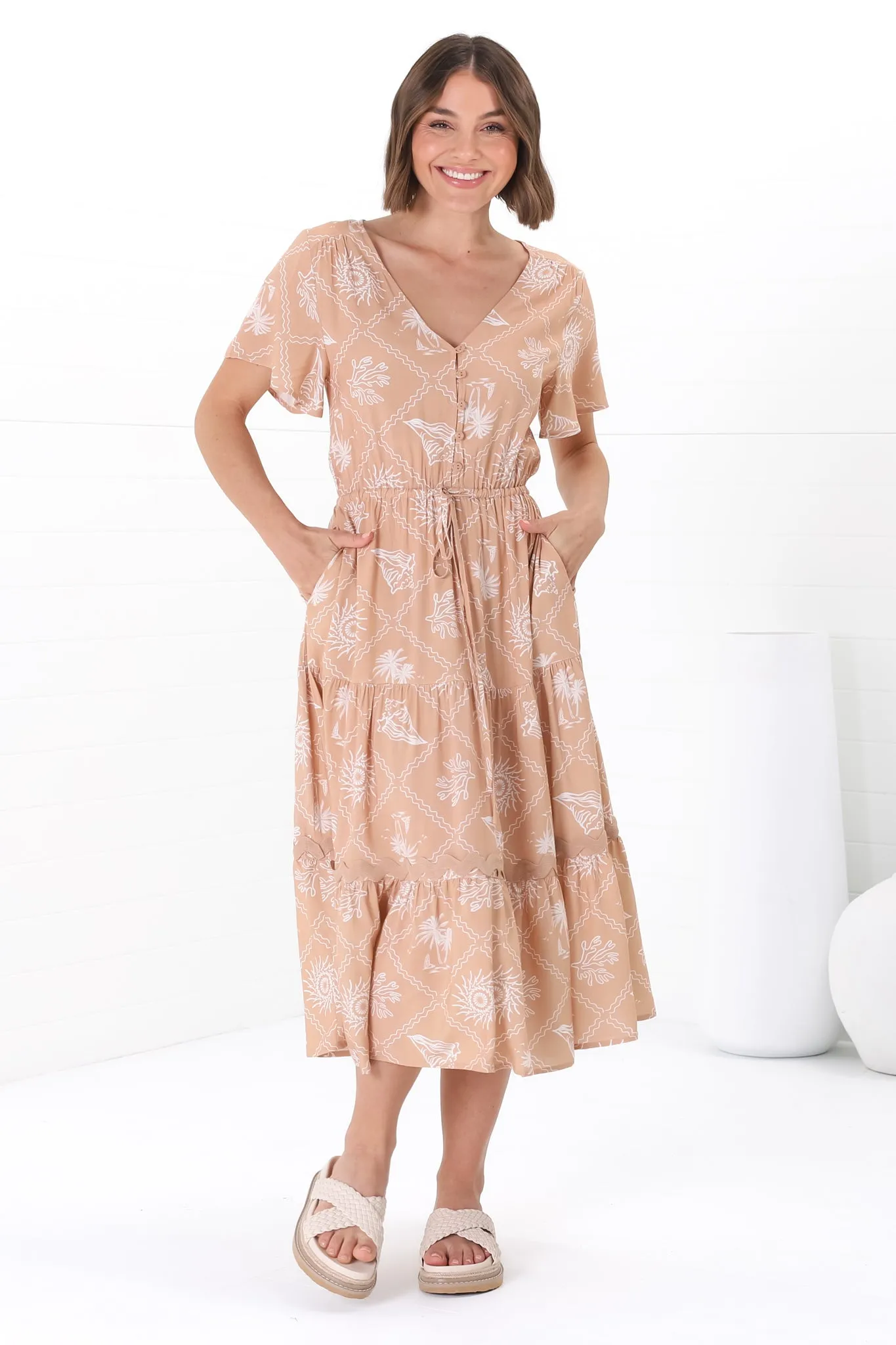 Marly Midi Dress - A Line Dress with Cap Sleeves and Rick Rack Splicing Kalah Print in Beige sold by Salty Crush