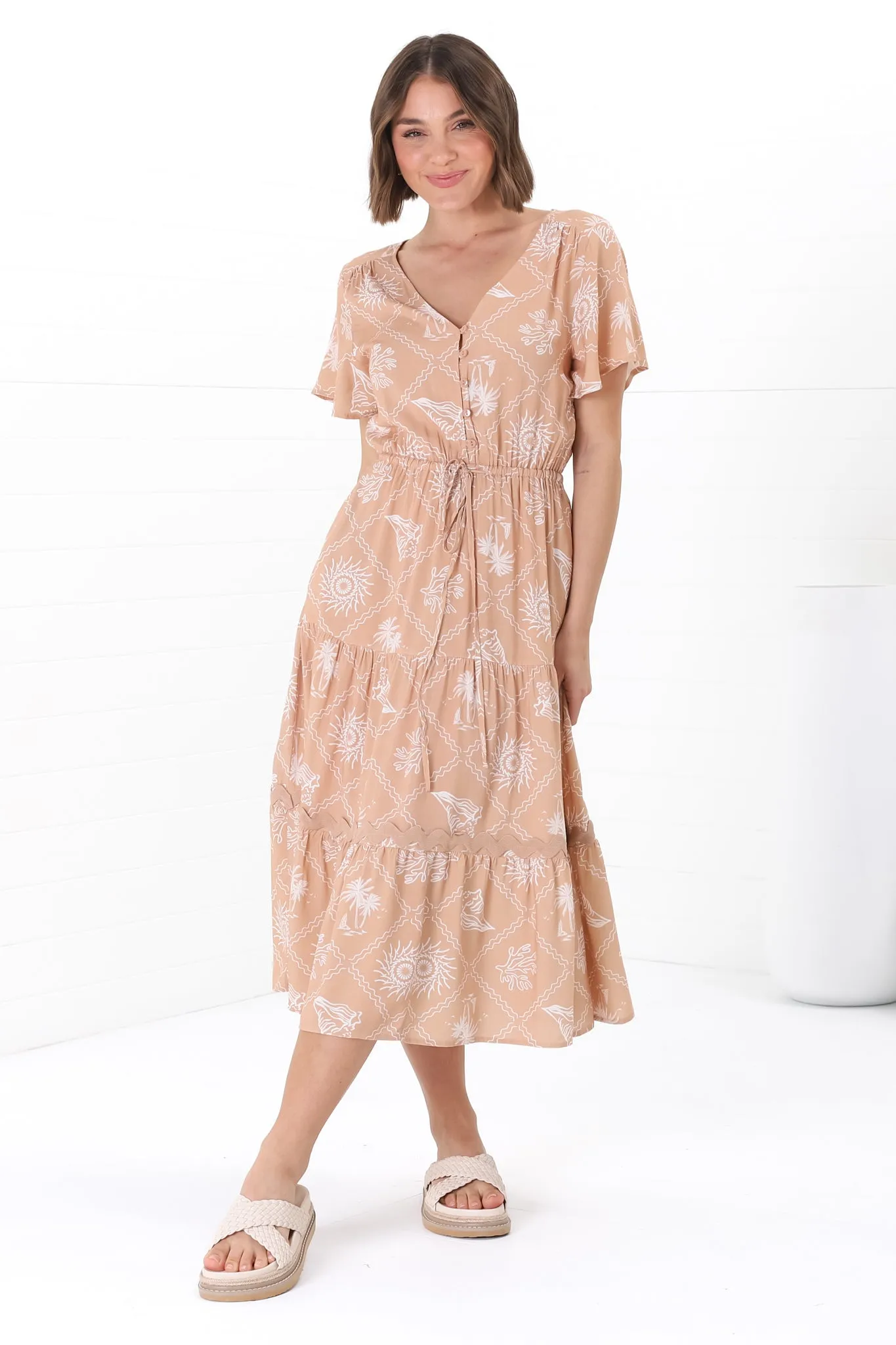Marly Midi Dress - A Line Dress with Cap Sleeves and Rick Rack Splicing Kalah Print in Beige sold by Salty Crush product image thumbnail 5