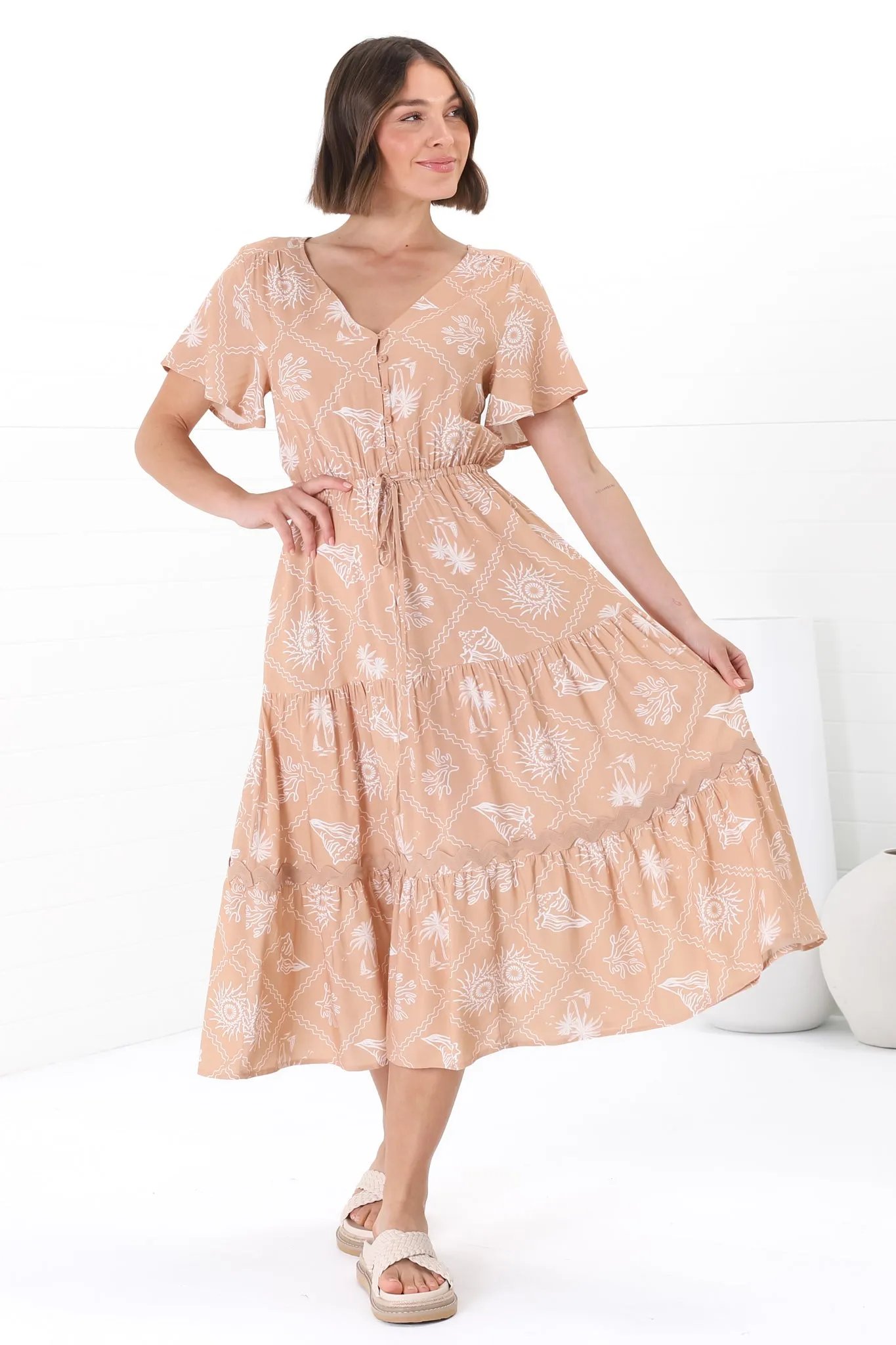 Marly Midi Dress - A Line Dress with Cap Sleeves and Rick Rack Splicing Kalah Print in Beige sold by Salty Crush product image thumbnail 2