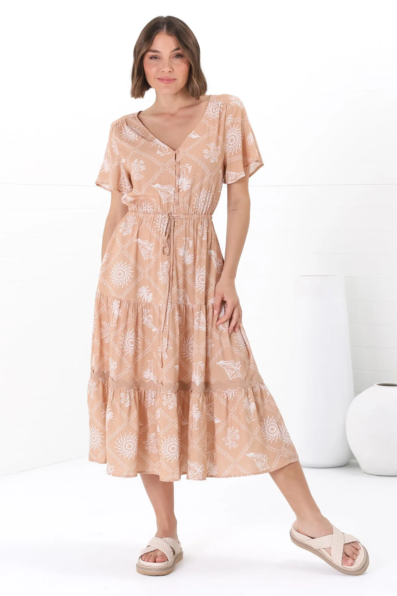 Marly Midi Dress - A Line Dress with Cap Sleeves and Rick Rack Splicing Kalah Print in Beige sold by Salty Crush product image thumbnail 4