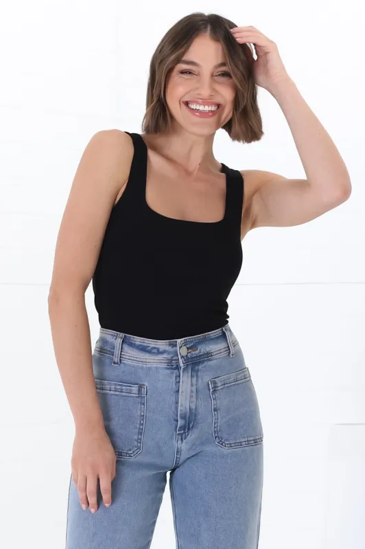 Edie Singlet - Square Neckline Double Layered Singlet in Black sold by Salty Crush