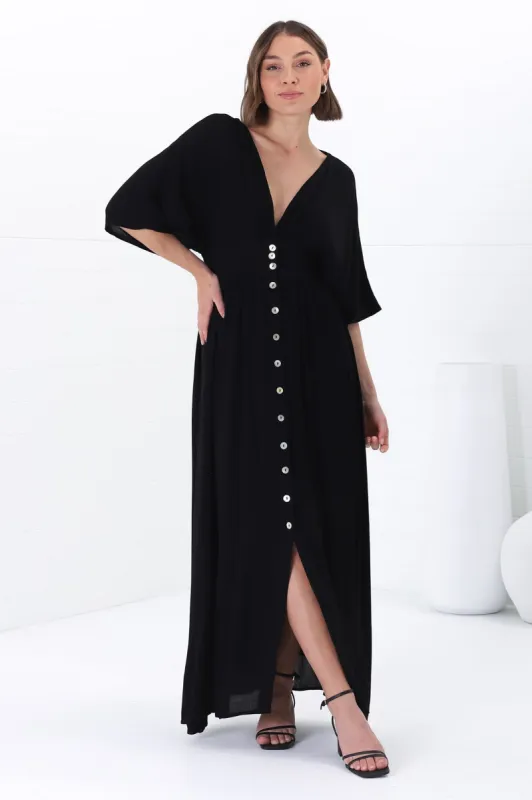 Zyla Maxi Dress -  V Neck Button Down Kimono Sleeve Dress in Black sold by Salty Crush