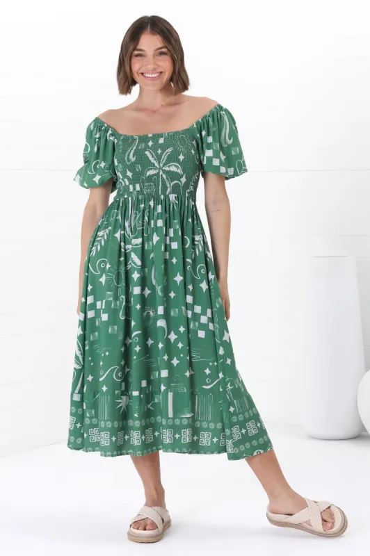 Shira Midi Dress - On Or Off Shoulder Elasticated Bodice Dress With Short Balloon Sleeves In Embry Print Green sold by Salty Crush