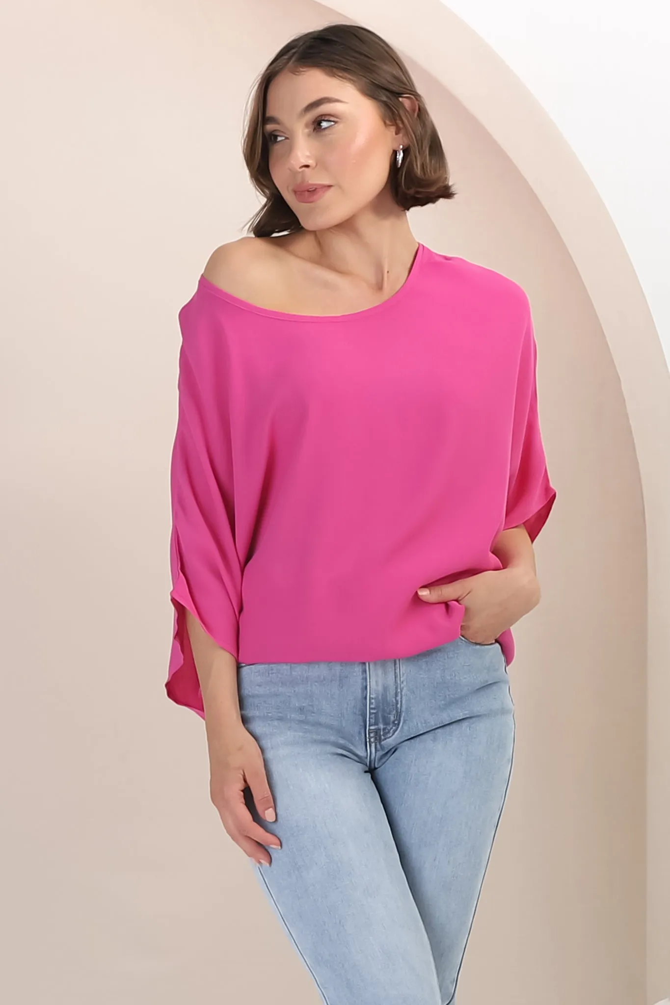 Garcia Top - Free-Size Drape Batwing Sleeve Top in Fuschia sold by Salty Crush product image thumbnail 2
