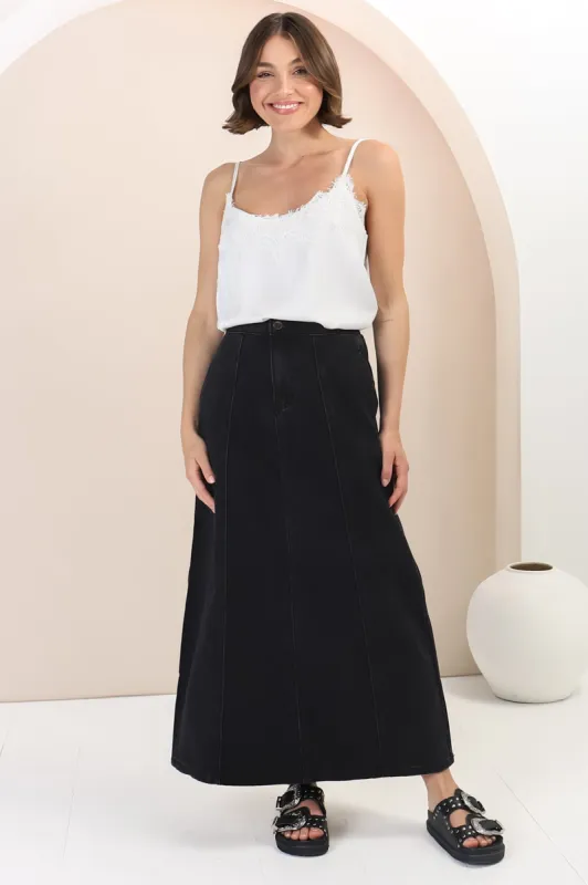 Quinn Denim Maxi Skirt - Elasticated High Waisted Denim Skirt in Black sold by Salty Crush