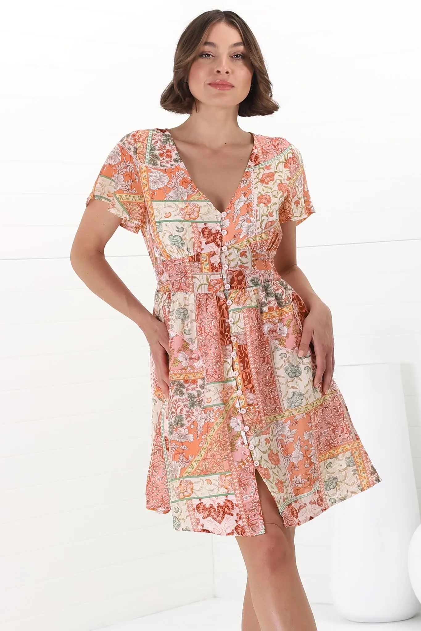 Aurelia Mini Dress - Button-Down Flutter Sleeve Dress in Anslee Print Orange sold by Salty Crush product image thumbnail 4