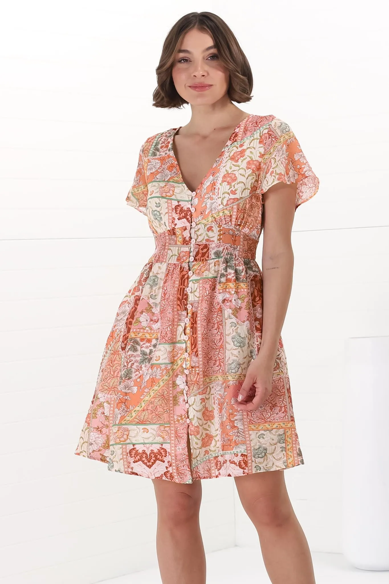 Aurelia Mini Dress - Button-Down Flutter Sleeve Dress in Anslee Print Orange sold by Salty Crush product image thumbnail 5